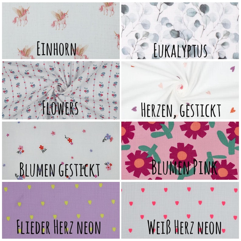 K&ouml;nnte beinhalten: Eine Auswahl an Stoffmustern mit verschiedenen Mustern. Designs umfassen Einh&ouml;rner, Eukalyptusbl&auml;tter, Blumendrucke und Herzmuster. Jedes Muster hat ein anderes Farbschema, darunter Rosa, Wei&szlig; und Lila, mit Textbeschriftungen.