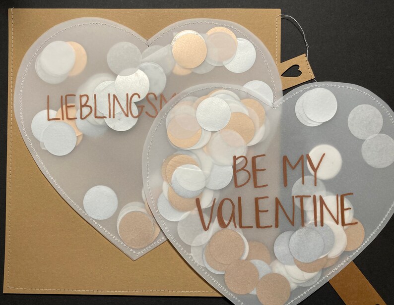 Valentine's Day card Be my Valentine, confetti heart made of transparent paper, handmade with fine confetti, handlettering image 2