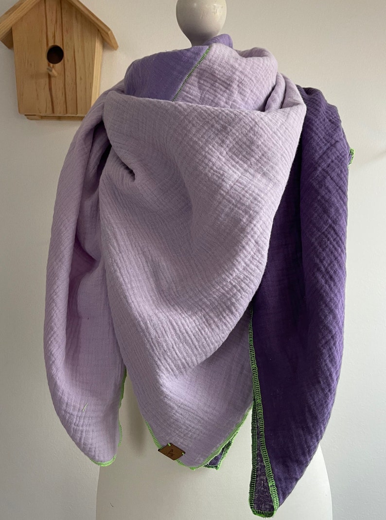 Muslin scarf PURPLE three-colored XXL neckerchief in many sizes for women and children, selectable seam color neon image 1