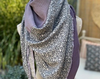 Écharpe en mousseline LEO Panther gris, lilas et lavande color blocking XXL bord du foulard couleur sélectionnable