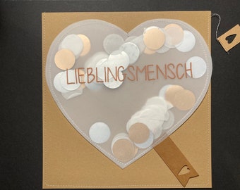 Valentinstags-Karte „Lieblingsmensch“, Konfetti-Herz aus Transparentpapier, handgefertigt mit edlem Konfetti, Handlettering