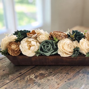 Sola Wood Flower Arrangement, Shades of Sage Green & Neutral Dough Bowl Centerpiece Table Decor Housewarming Gift