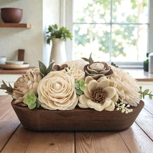 Sola Wood Flower Arrangement for Table, Rustic Mini Dough Bowl Centerpiece, Neutral Floral Decor Gift for Friend