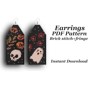 Beaded Halloween earrings - Ghost and skull pattern PDF earrings - Brick stitch and fringe pattern earrings - Miyuki Delica
