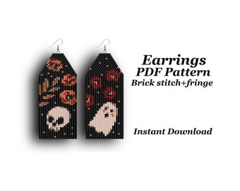 Beaded Halloween earrings - Ghost and skull pattern PDF earrings - Brick stitch and fringe pattern earrings - Miyuki Delica