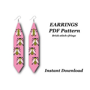 Bee earrings PDF Pattern , Brick stitch and fringe Beaded earrings