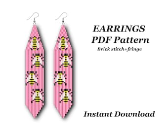 Bee earrings PDF Pattern , Brick stitch and fringe Beaded earrings