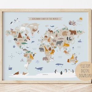 Personalised Kids Animal World Map Printable - Custom Name Map - Playroom Educational Poster - Baby Name Nursery World Map Print