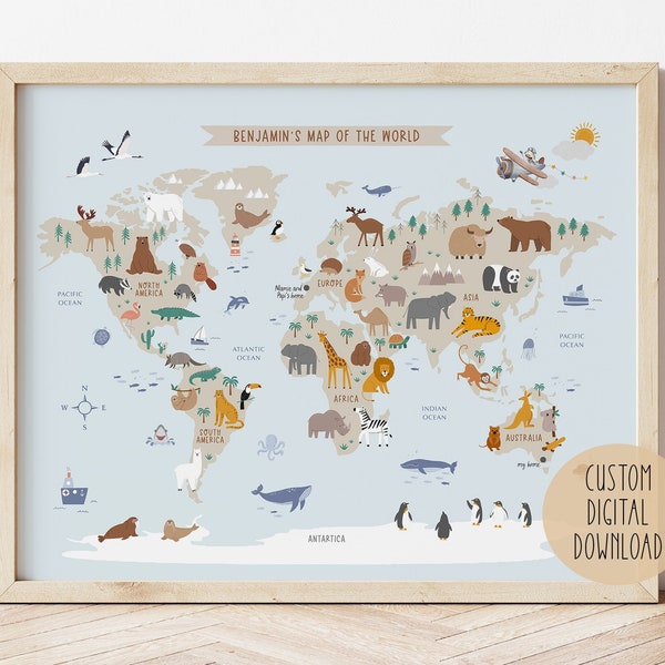 Personalised Kids Animal World Map Printable - Custom Name Map - Playroom Educational Poster - Baby Name Nursery World Map Print