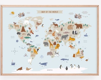 Animal World Map - Large World Map Wall Art for Kids Room - Educational Poster - Nursery Playroom Printable - DIGITAL DOWNLOAD