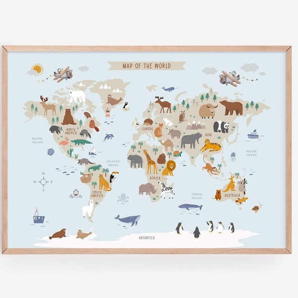 Animal World Map - Large World Map Wall Art for Kids Room - Educational Poster - Nursery Playroom Printable - DIGITAL DOWNLOAD