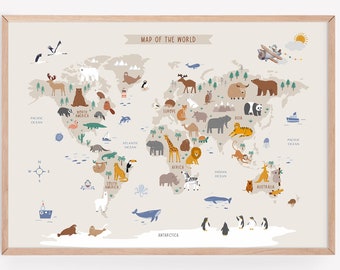 Kids World Map Printable - Playroom Animal World Map - Gender Neutral Nursery Educational Poster - Toddler Room Wall Art Decor