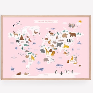 Rosa Weltkarte Druckbar - Kinder Weltkarte Wandkunst - Spielzimmer Lernposter - Mädchen Kinderzimmer Dekor