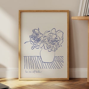 Impresión de arte de línea de flores de peonía, arte minimalista de la pared del florero, flores abstractas dibujadas a mano, impresión de naturaleza muerta, cartel de la cita de la vida es hermosa