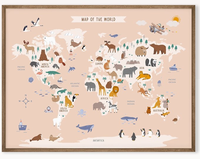 Nursery Animal World Map Printable - Toddler Playroom Educational ...