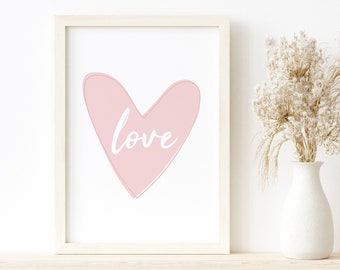 Simple Love Heart Art Printable, Nursery Baby Girl Pink Decor, Toddler Girl Wall Art, Valentine Love Quote Gift, Kids Art, Digital Download