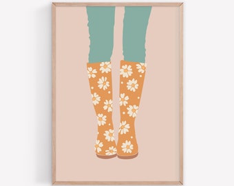 Herbst Blumen Regen stiefel Druck - Moderne Boho Wandkunst - Bauernhaus Herbst Dekor - Feminine Wandkunst - Frühling Daisy Wandkunst - DIGITALER DOWNLOAD