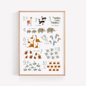 動物の数字表 - 数字を学ぶ教育ポスター - プレイルームの壁アート - ボヘミアンな子供部屋の装飾 - 教室の装飾 - デジタルダウンロード
