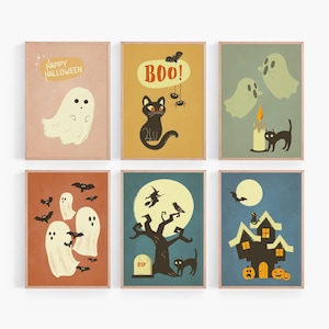 Vintage Halloween Wall Art Set di 6 - Retro Halloween Printables - Kids Wall Art - Happy Halloween Poster - Haunted House Print