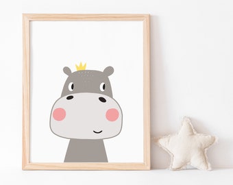 Hippo Nursery Art Print, Baby Hippo Print, Cute Wall Art, African Animal Art, Scandinavian Decor, Unique toddler gift, Instant Printable