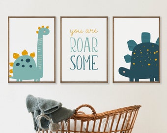 Juego de 3 impresiones de arte de pared de dinosaurios para la habitación de un bebé, decoración de pared para sala de juegos con estampado de dinosaurios, regalo de dinosaurios para niños, DESCARGA DIGITAL