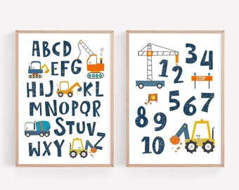 Numbers and Alphabet Poster Set - Navy Construction Nursery Decor - Toddler Boy Wall Art - Baby Construction Truck Printable  -  ABC Poster