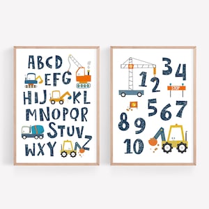 Numbers and Alphabet Poster Set - Navy Construction Nursery Decor - Toddler Boy Wall Art - Baby Construction Truck Printable  -  ABC Poster