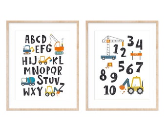 Construction Truck Alphabet and Numbers Nursery Print Set, Toddler Boy Playroom Wall Decor,  ABC Poster Printable, DIGITAL DOWNLOAD