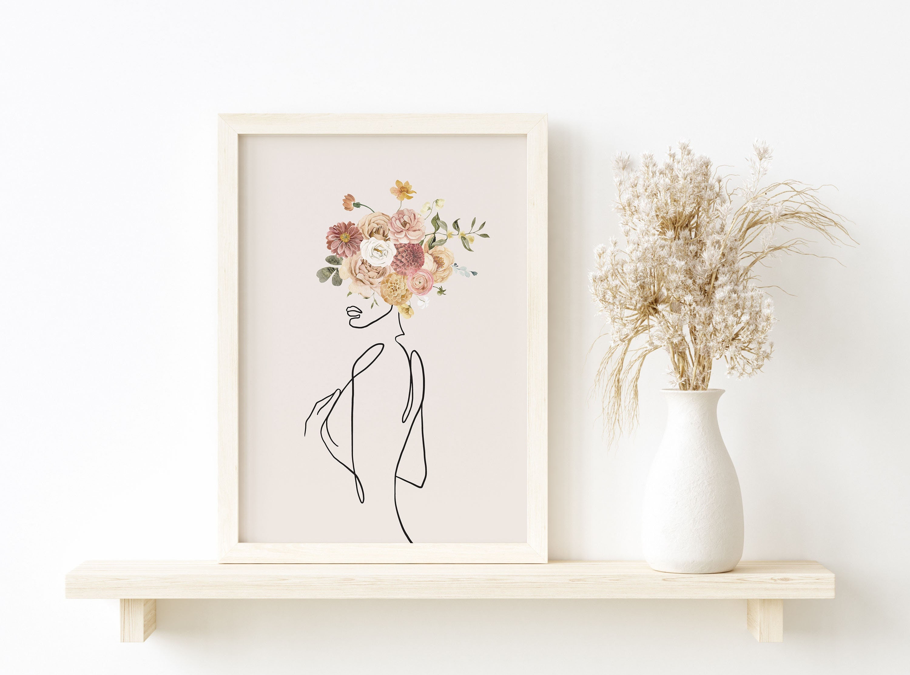 Minimalist Female Line Art Print - Flower Head Poster - Boho Woman Art ...