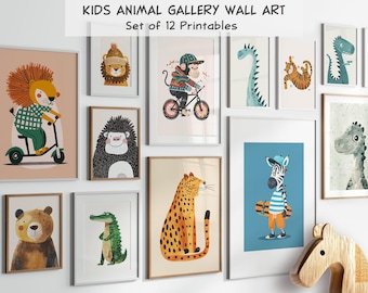Cute Animal Prints Gallery Wall Set of 12, Toddler Boy Playroom Decor, Baby Boy Nursery Wall Art, Kids Room Posters, Dinosaur Wall Art