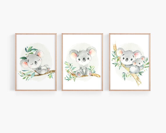 Koala Wall Art Set of 3, Whimsical Koala Nursery Prints, Baby Boy Nursery Decor, Gender Neutral Baby, Australian Animals Playroom Wall Art