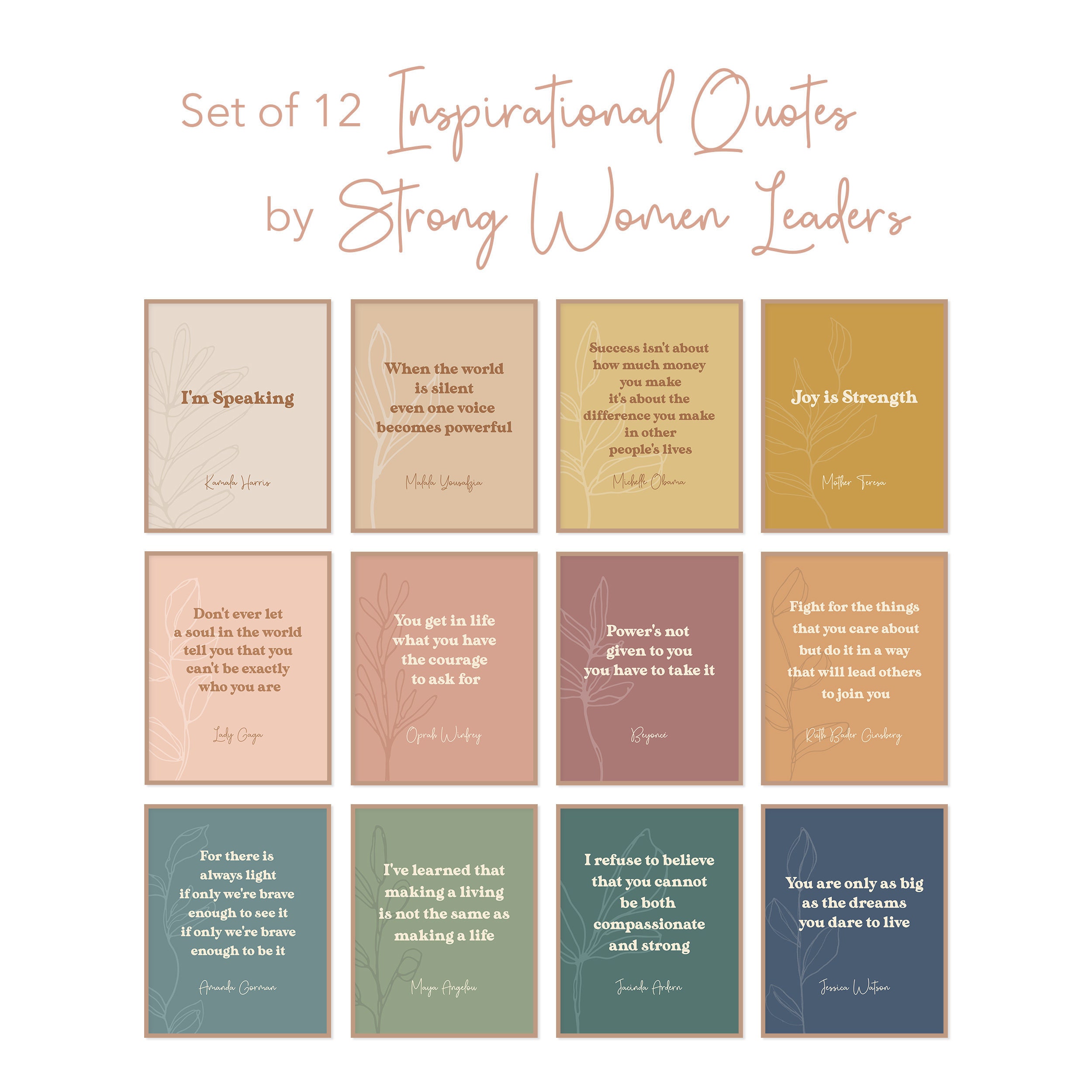 Strong Women Inspirational Leader Quotes Set of 12, Female