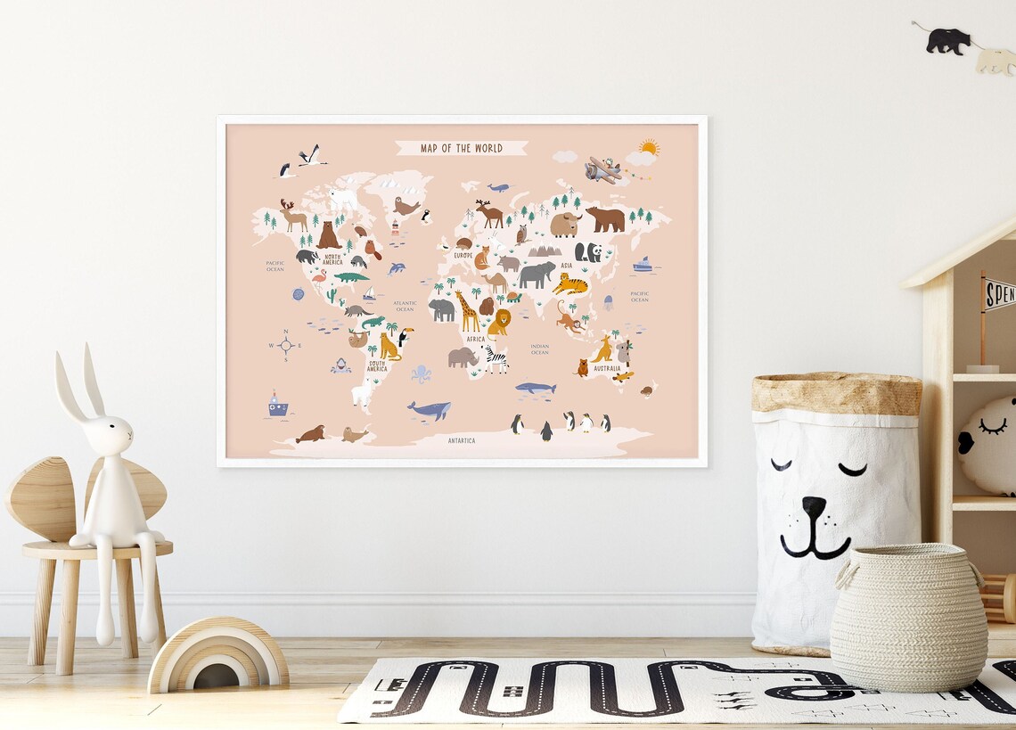 Nursery Animal World Map Printable Toddler Playroom - Etsy Australia