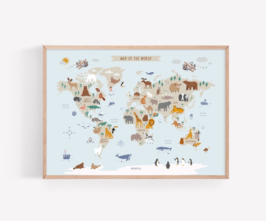 Buy Animal World Map - Large World Map Wall Art for Kids Room ...