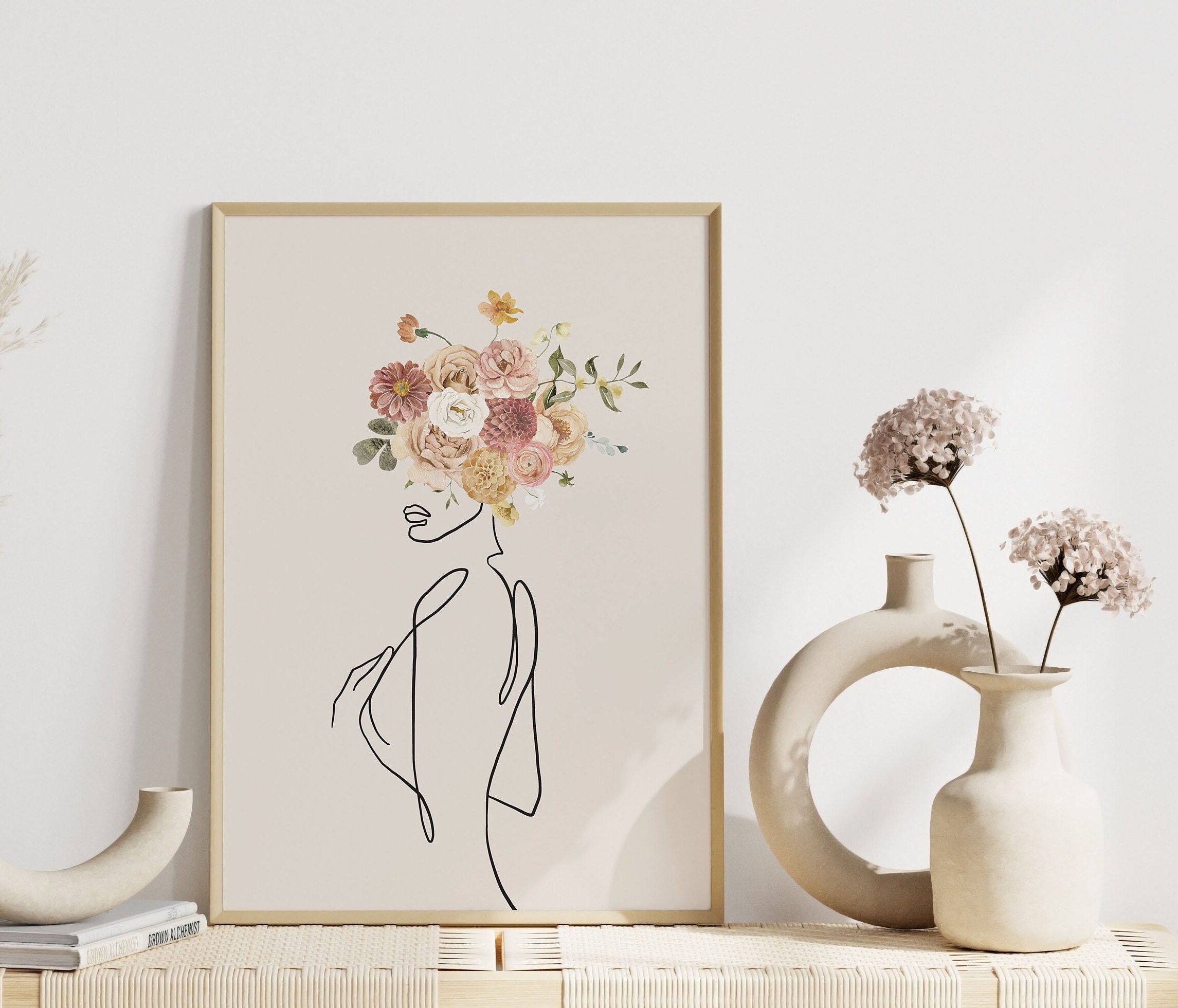 Minimalist Female Line Art Print - Flower Head Poster - Boho Woman Art ...