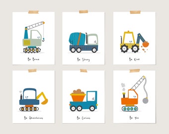 Construction Trucks Set of 6 Baby Boy Nursery Printables, Toddler Boys room Wall Art, Digger - Crane - Dump Truck, DIGITAL DOWNLOAD