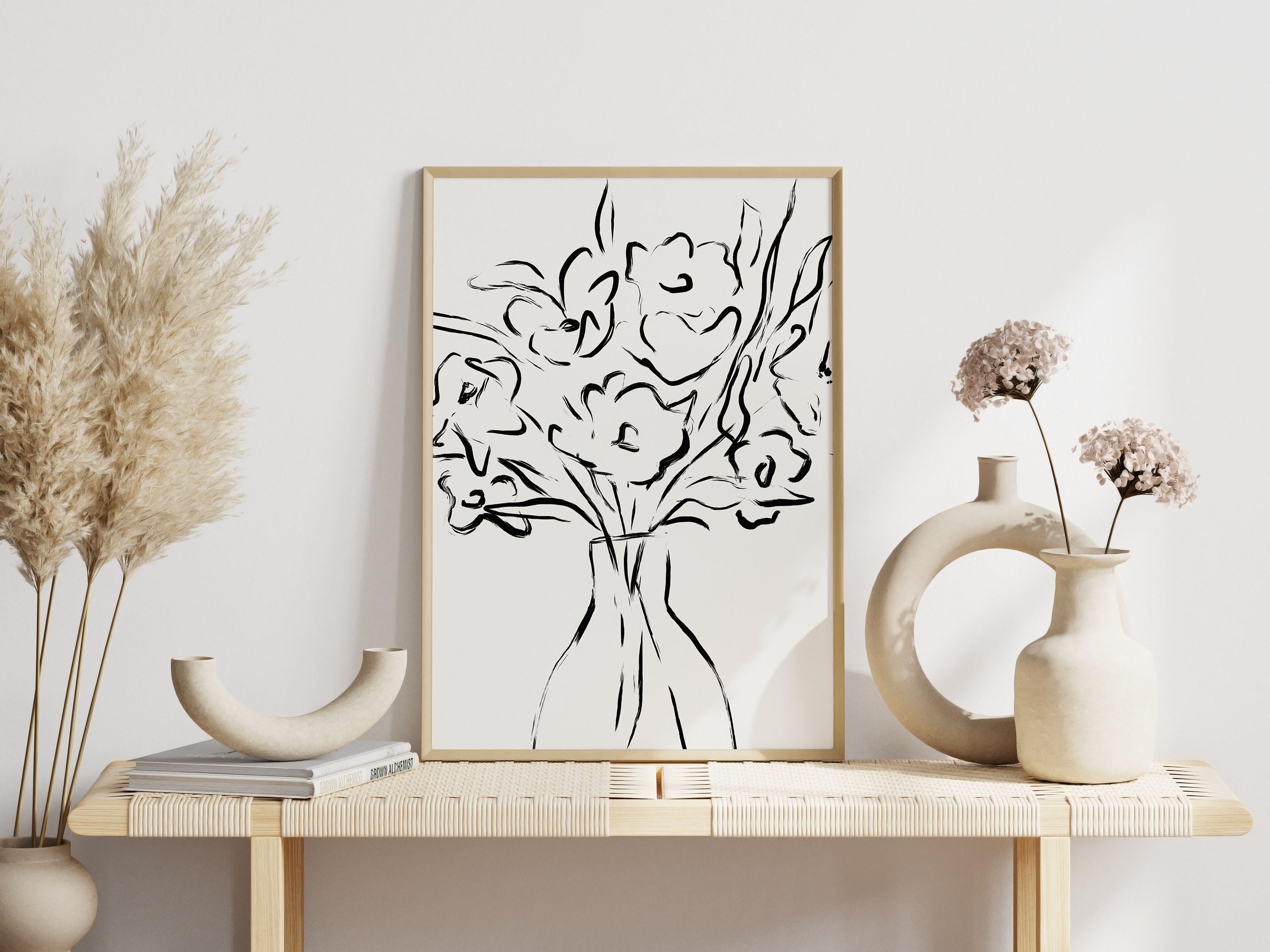 Flower Line Art Printable - Neutral Botanical Wall Art - Black and ...