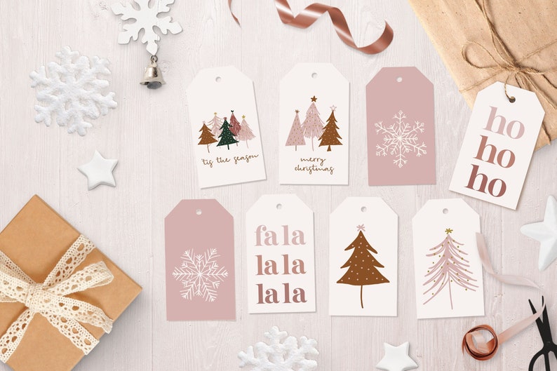 Boho Christmas Gift Tags Set of 8 Printable Holiday Gift Tags Modern Pink Christmas Hang Tags Christmas Favor Tag image 1