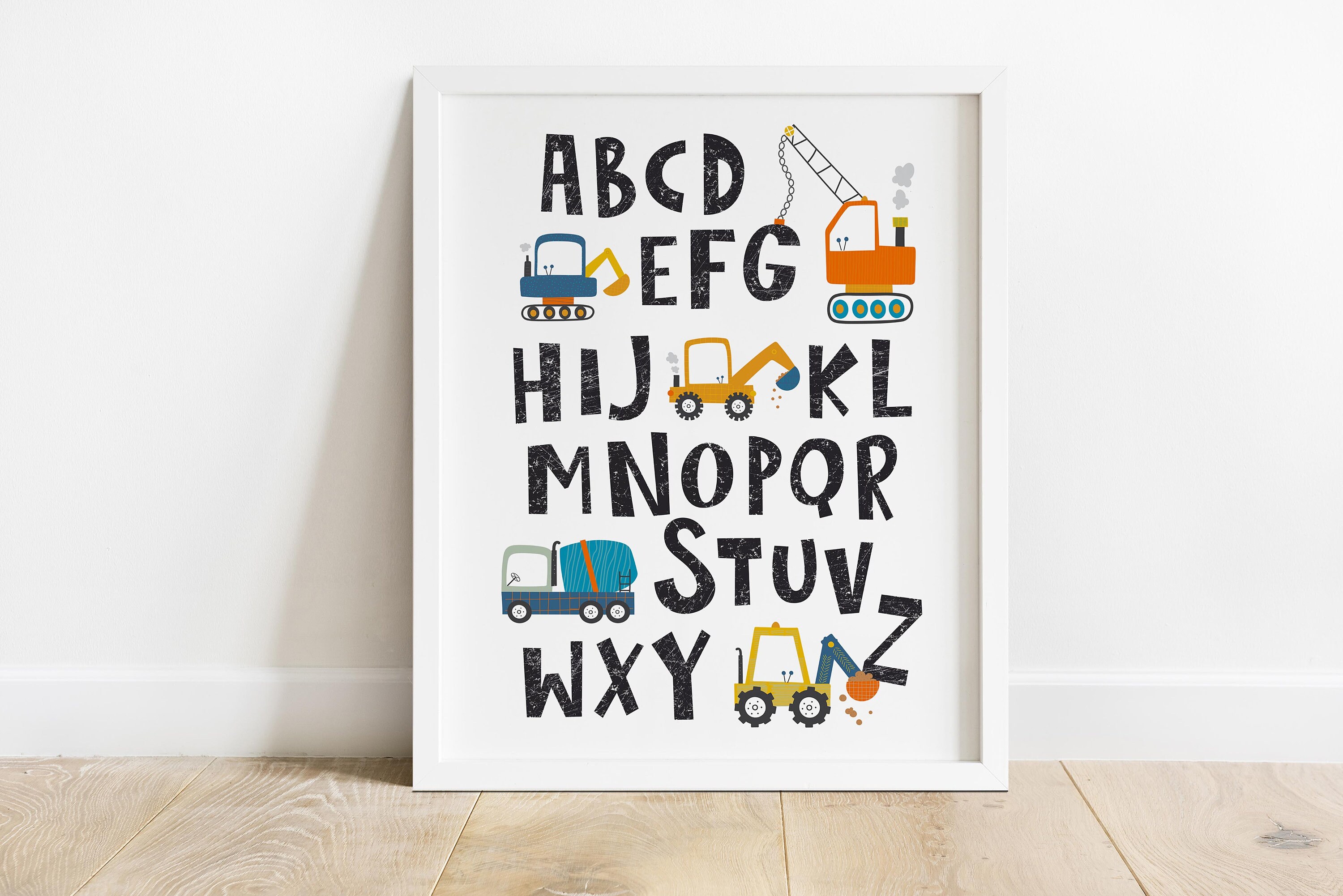NURSERY ALPHABET POSTER - Construction Truck Wall Art - Nursery abc Printable - Baby Boy Playroom Prints - Modern Nursery Art