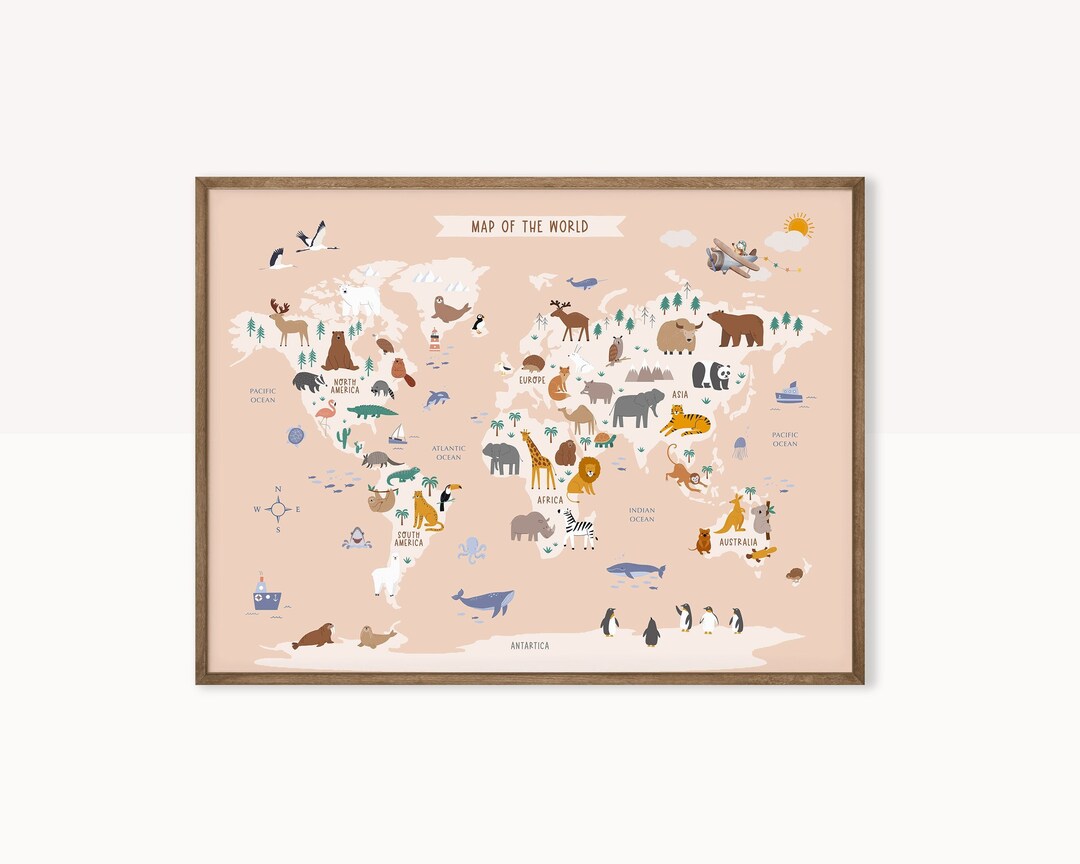 Nursery Animal World Map Printable Toddler Playroom Educational Poster ...