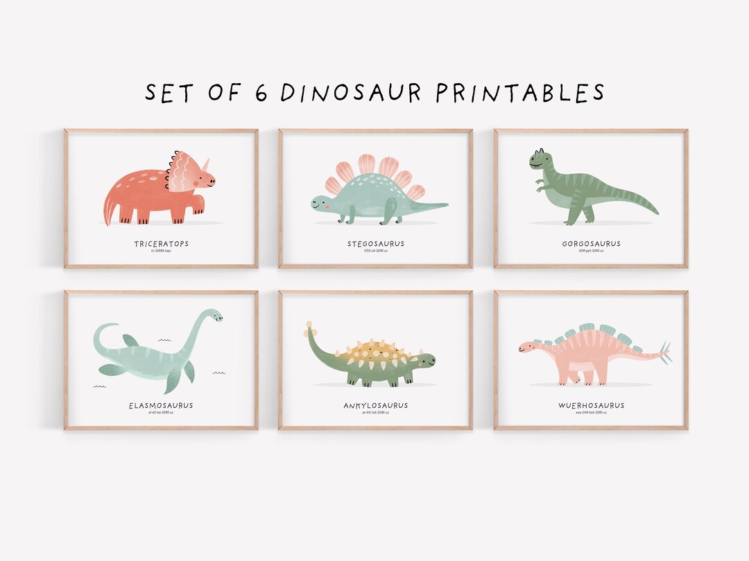 Dinosaur Nursery Poster Set of 6 Printables, Playroom Wall Art Decor ...