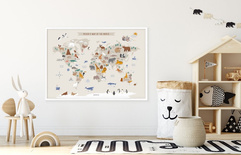 Kids World Map Printable - Playroom Animal World Map - Gender Neutral ...