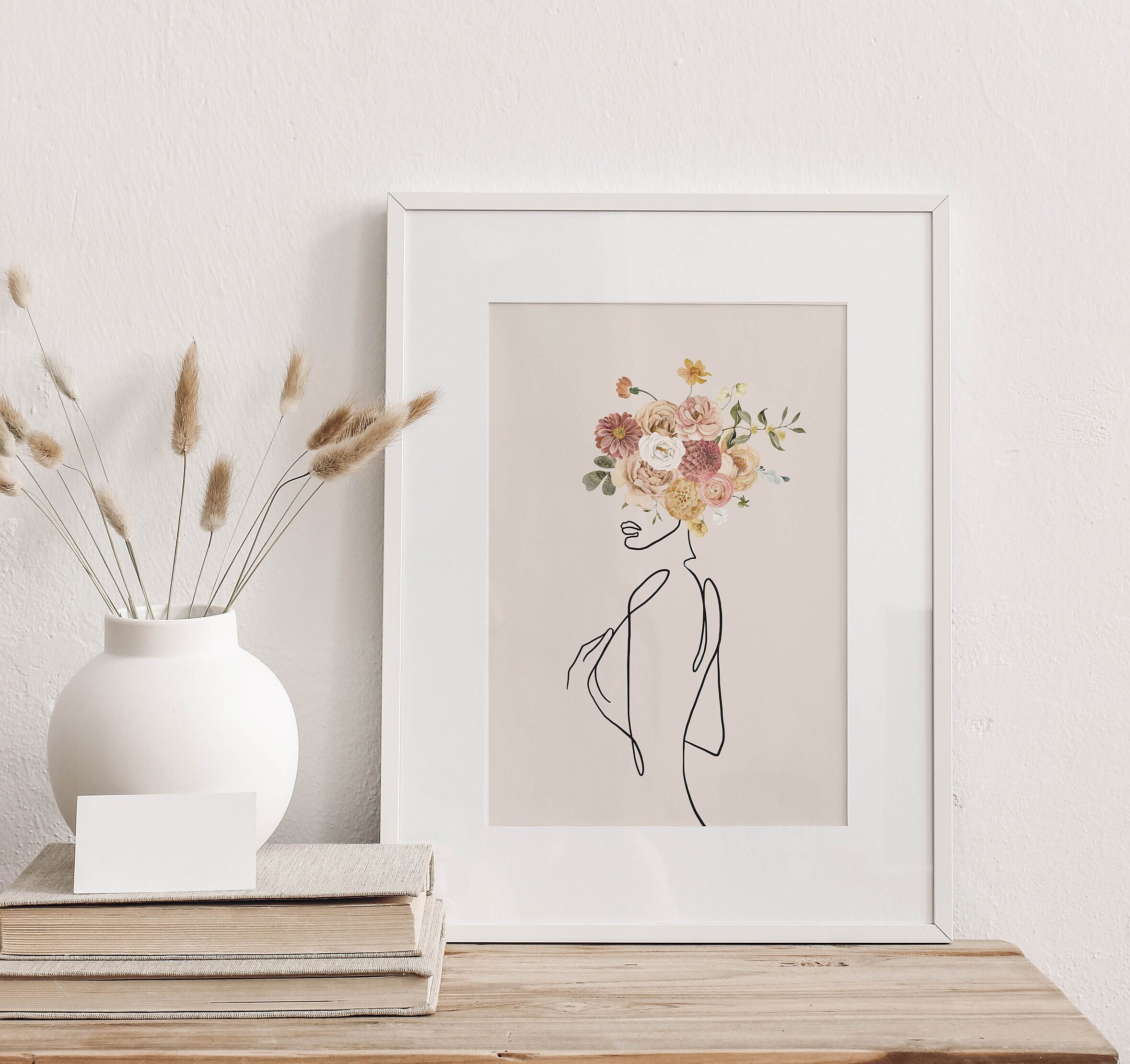 Minimalist Female Line Art Print - Flower Head Poster - Boho Woman Art ...