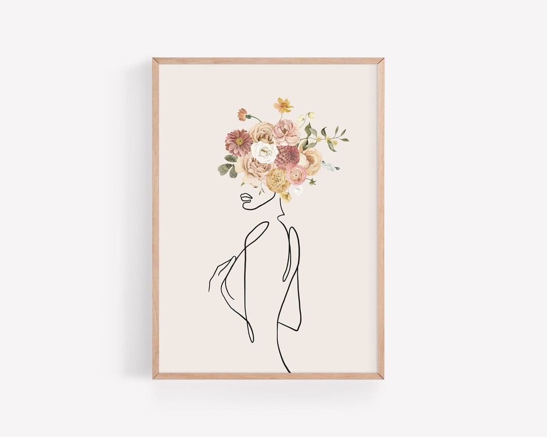 Minimalist Female Line Art Print - Flower Head Poster - Boho Woman Art ...