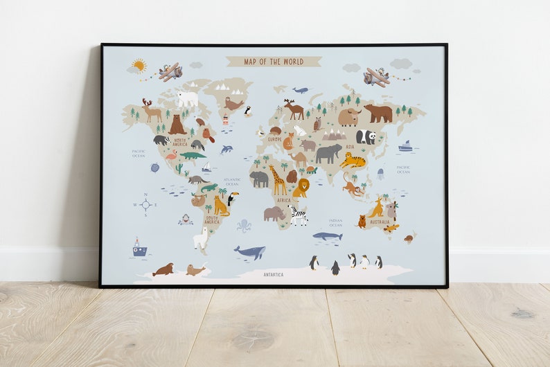 Buy Animal World Map - Large World Map Wall Art for Kids Room ...