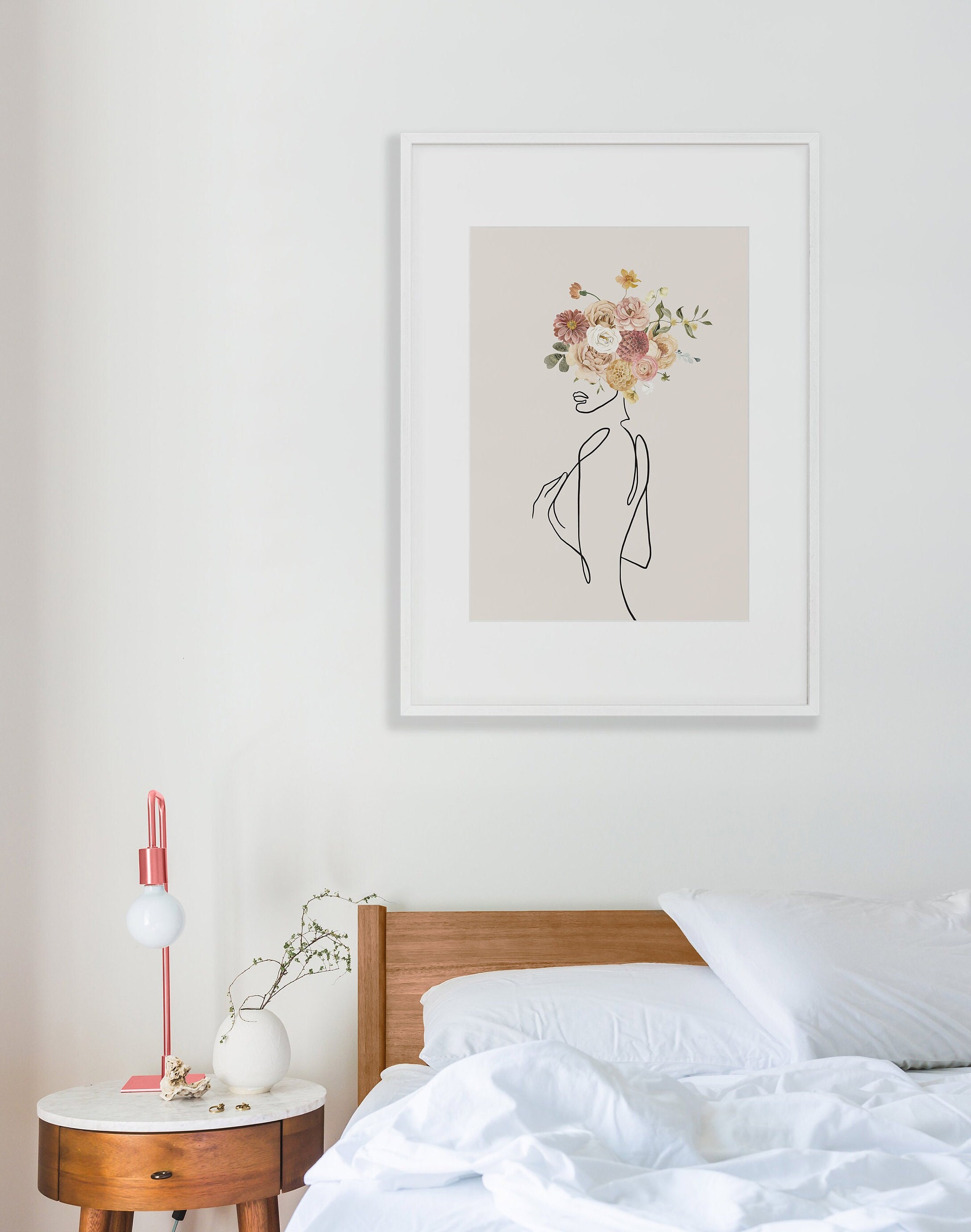 Minimalist Female Line Art Print - Flower Head Poster - Boho Woman Art ...