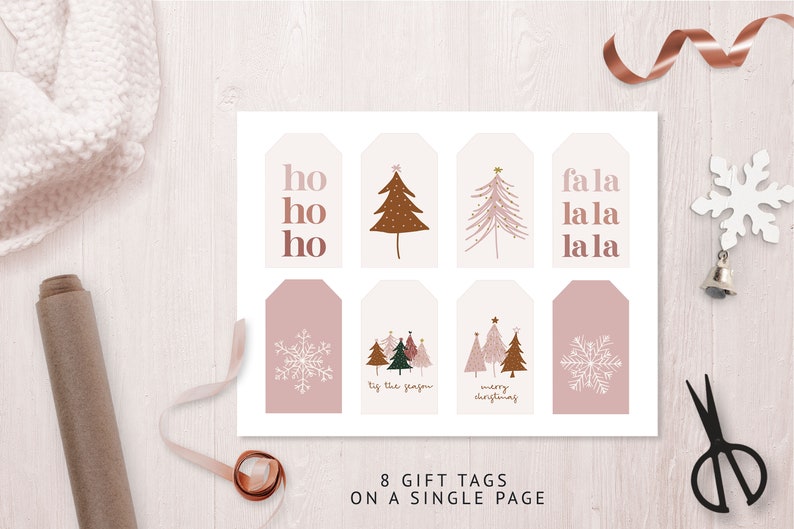 Boho Christmas Gift Tags Set of 8 Printable Holiday Gift Tags Modern Pink Christmas Hang Tags Christmas Favor Tag image 3