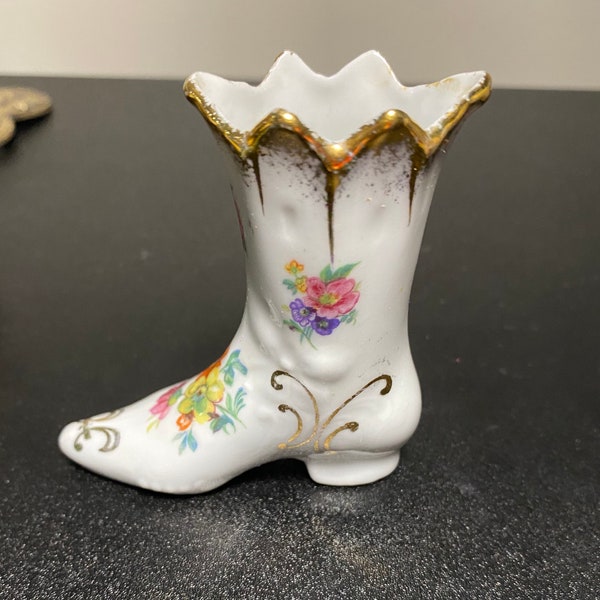 Elfinware Germany Porcelain, hand-painted floral style mini boot. Gold accents.