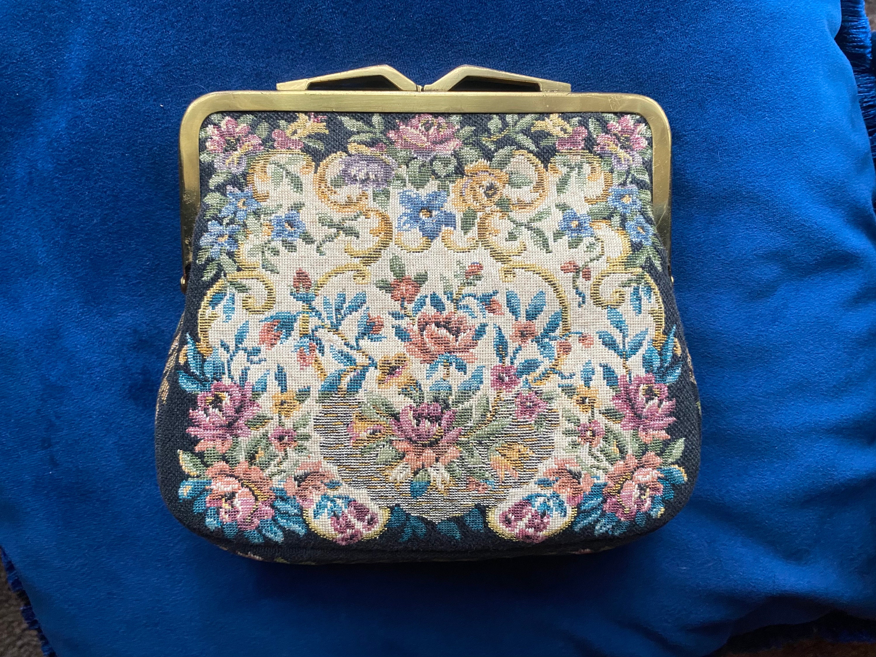 1930s/1940s Blue Tapestry Swan Floral Ornate Frame Art Deco Purse Handbag —  Canned Ham Vintage