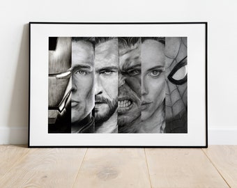 The Avengers | Iron Man, Cap, Thor, Hulk, Black Widow and Spidey | Bleistift- und Kohlezeichnung | Print | MARVEL Art